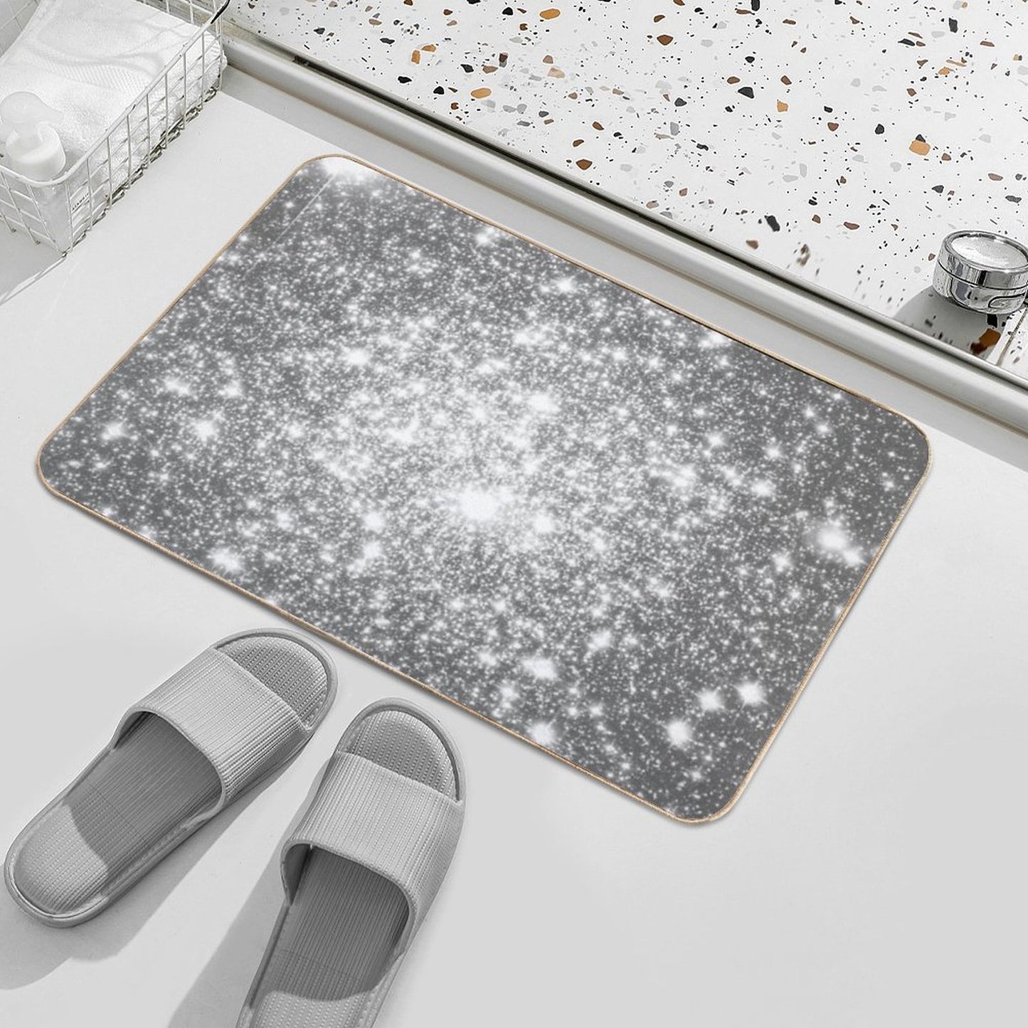 Galaxy Sparkle Stars Silver Gray Bath Mat