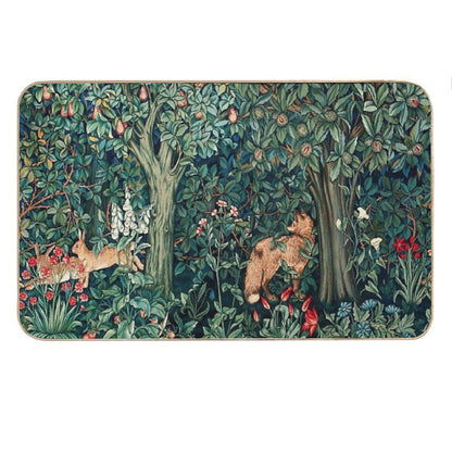 GREENERY, FOREST ANIMALS Fox And Hares Blue Green Floral Tapestry Bath Mat