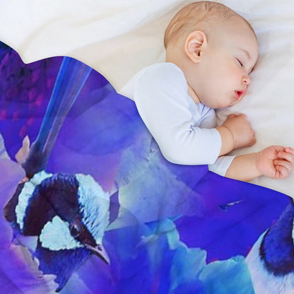 Bluetiful - Spot The Wren - Blossom Floral & Blue Wren Behind Black Throw Blanket