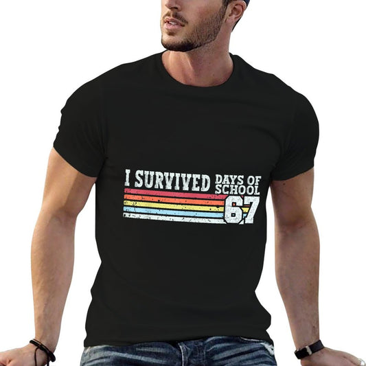 Funny Vintage I Survived 67 Days of School Teachers Students  Rolled Sleeves T-Shirt