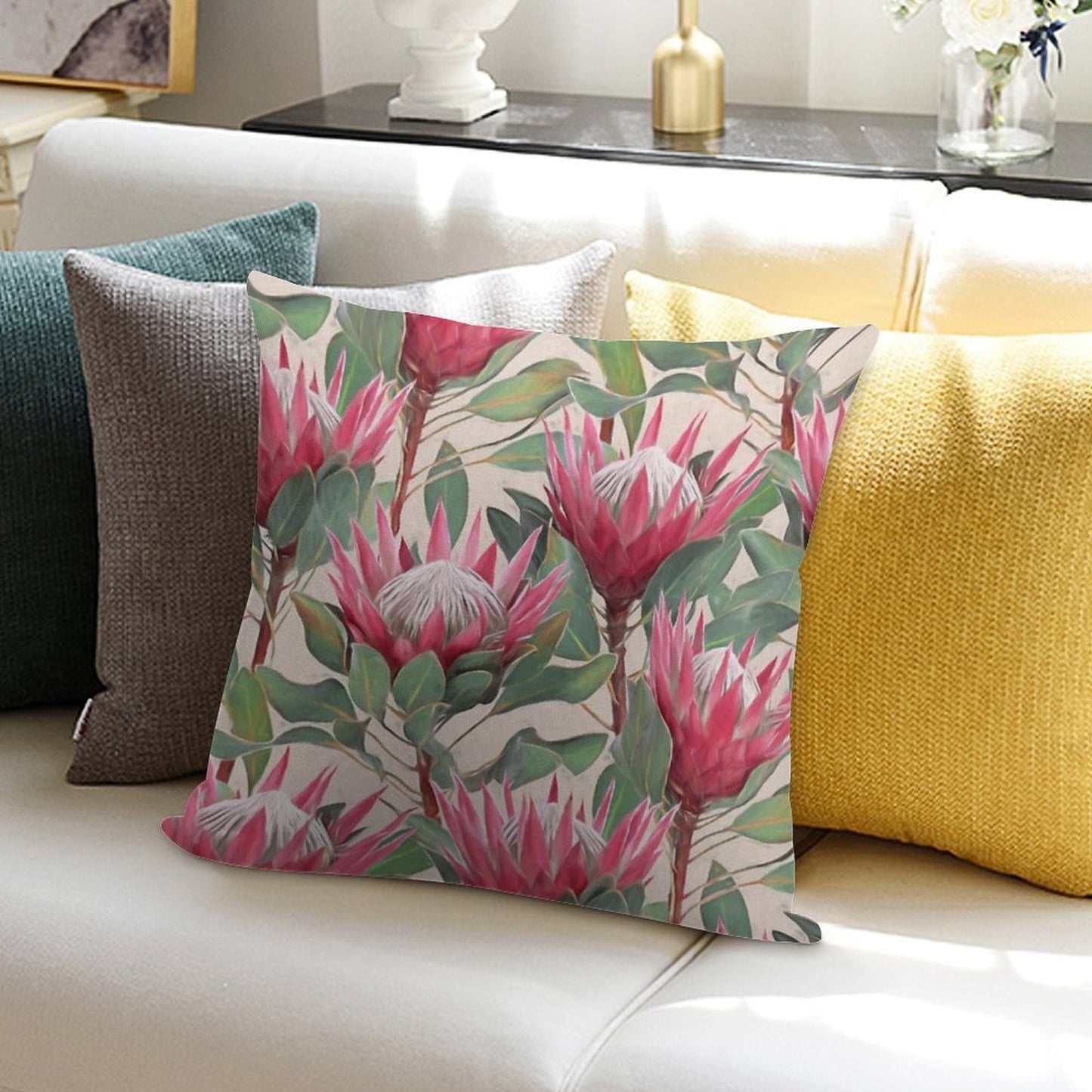 Painted King Proteas on Cream Soft Shrink-Resistant Throw Pillow