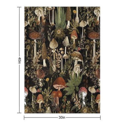 Vintage Midnight Mushrooms Forest Botanical Night Garden Pattern - Black Nightgarden Throw Blanket