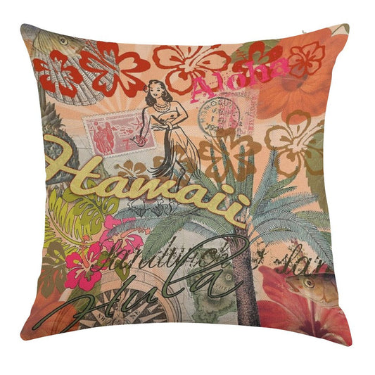 Vintage Hawaii Travel Colorful Hawaiian Tropical Collage Linen Throw Pillow Cover