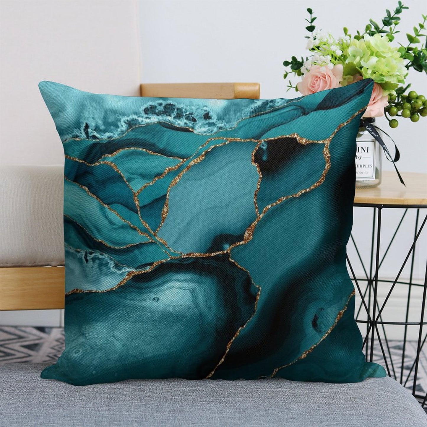 Teal And Gold Faux Marble Landscape Waves Linen Throw Pillow Cover