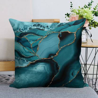 Teal And Gold Faux Marble Landscape Waves Linen Throw Pillow Cover