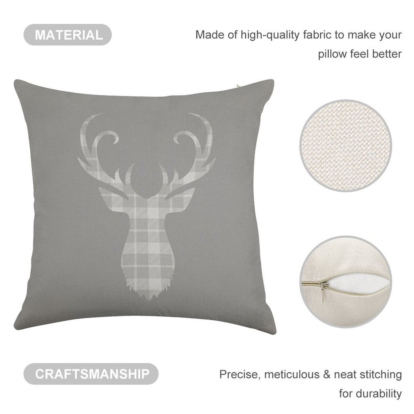 Grey Tartan Stag Head Linen Throw Pillow Cover