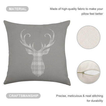 Grey Tartan Stag Head Linen Throw Pillow Cover