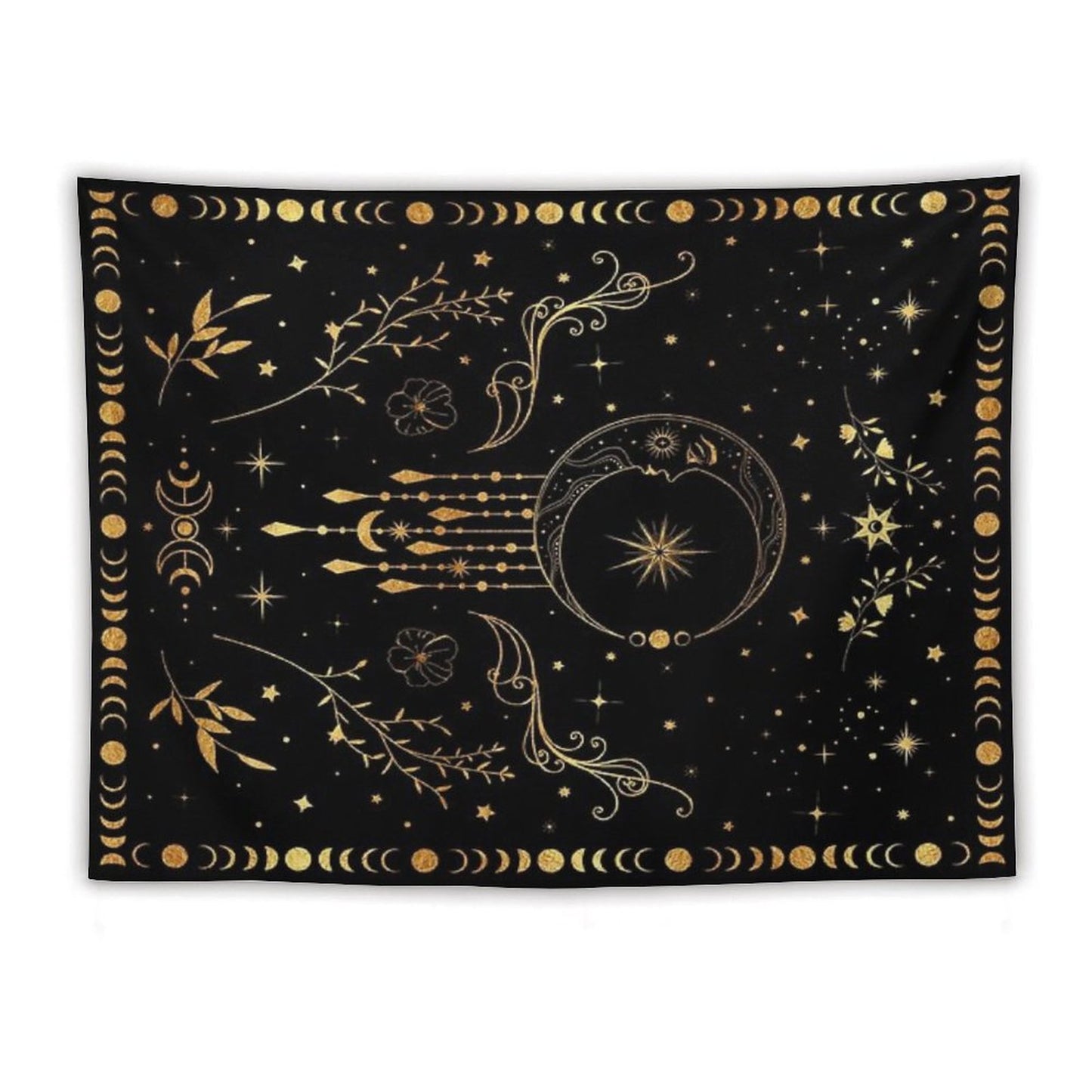 Celestial Crescent Moon with Floral Accents And Moon Phase Tapestry
