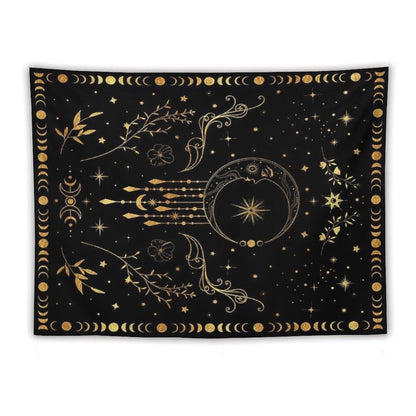 Celestial Crescent Moon with Floral Accents And Moon Phase Tapestry