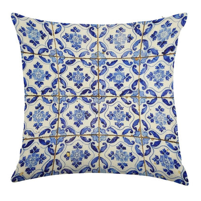 Portuguese Tiles. Blue Flowers And Leaves Linen Throw Pillow Cover