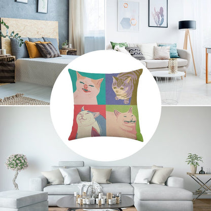 Four Meme Cats of The Apocalypse Linen Throw Pillow Cover