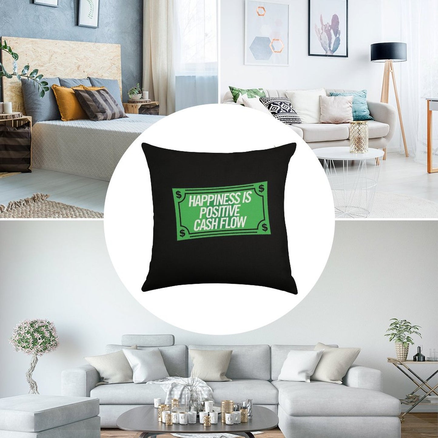 Happiness Is Positive Cash Flow Money Quote Linen Throw Pillow Cover