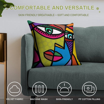 Funky Abstract Art Face with Dots And Stripes Soft Hidden Zipper Throw Pillow