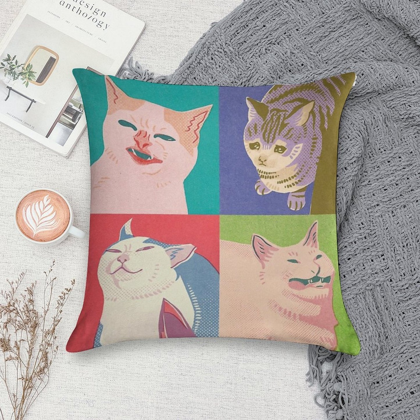Four Meme Cats of The Apocalypse Soft Anti-Pilling Throw Pillow