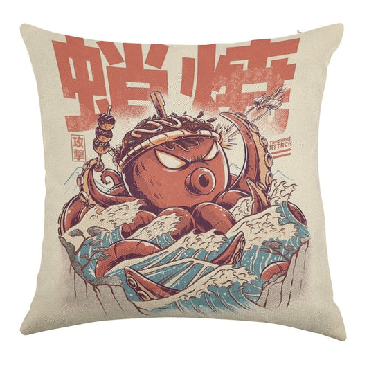 Takoyaki Attack Linen Throw Pillow Cover