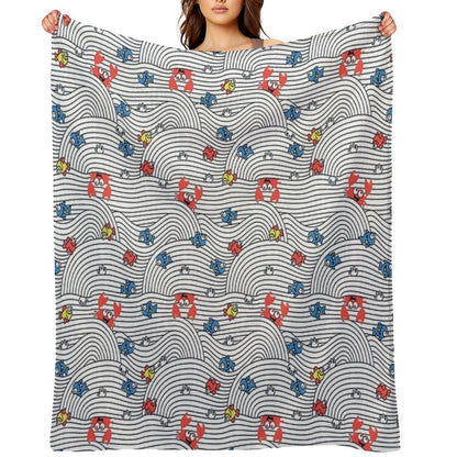 Grafic Waves from Stripes with Fish And Crabs. Sea Seamless Pattern. Throw Blanket