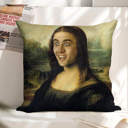 Nicolas Cage As The Mona Lisa Linen Throw Pillow Cover