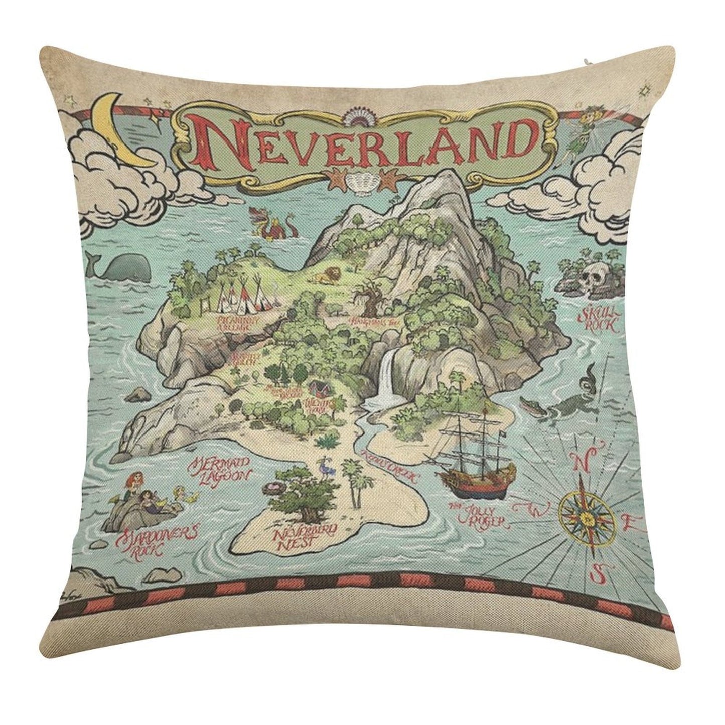 Neverland Map Linen Throw Pillow Cover