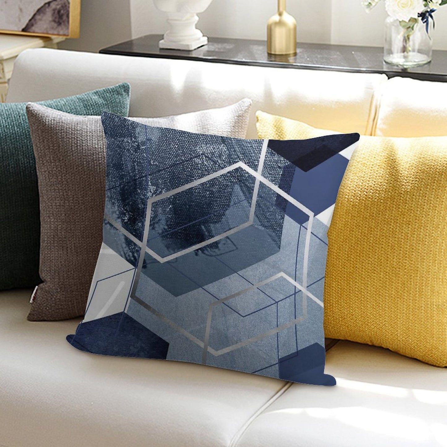 Blue And Grey Geo Soft Skin-Friendly Throw Pillow