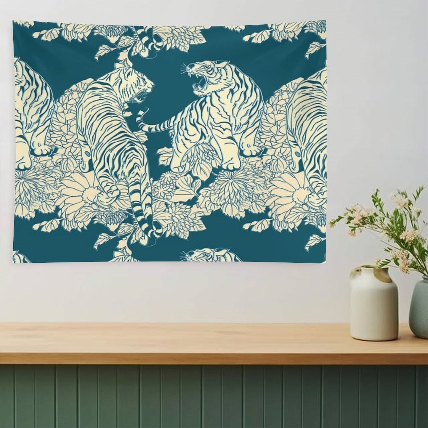 Teal And Cream Tigers And Flowers Tapestry