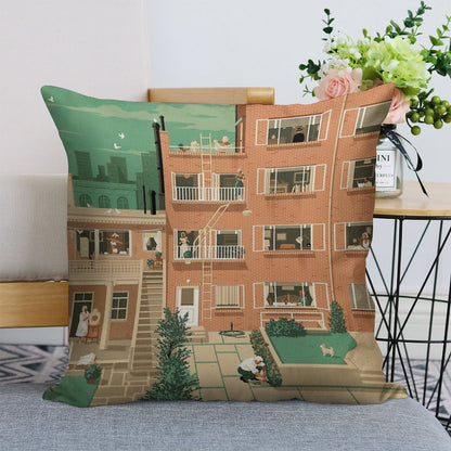 Travel Posters - Hitchcock's Rear Window - Greenwitch Village New York Linen Throw Pillow Cover