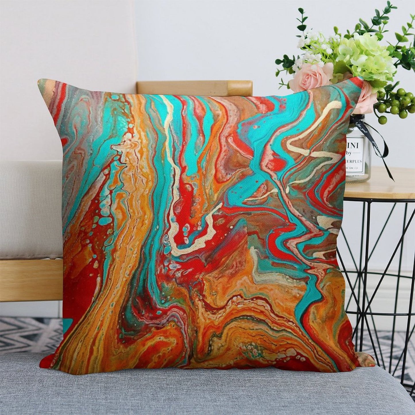 Red Orange Teal Paint Pour Linen Throw Pillow Cover