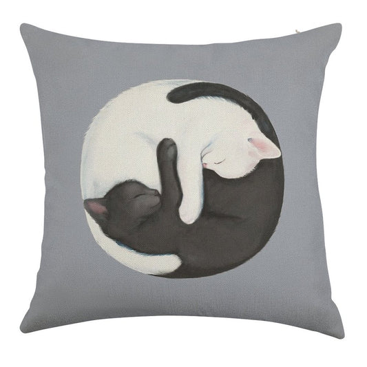 Yin Yang Balancing Cats Linen Throw Pillow Cover