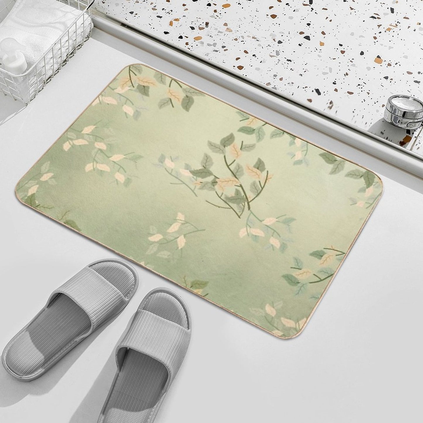 Sage Green Watercolor Woodland Leaves Bath Mat