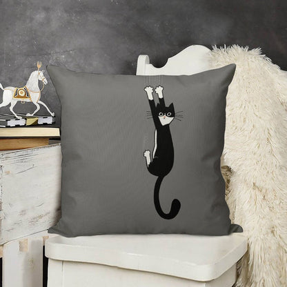 Black And White Cat Hanging On  Funny Tuxedo Cat Linen Throw Pillow Cover