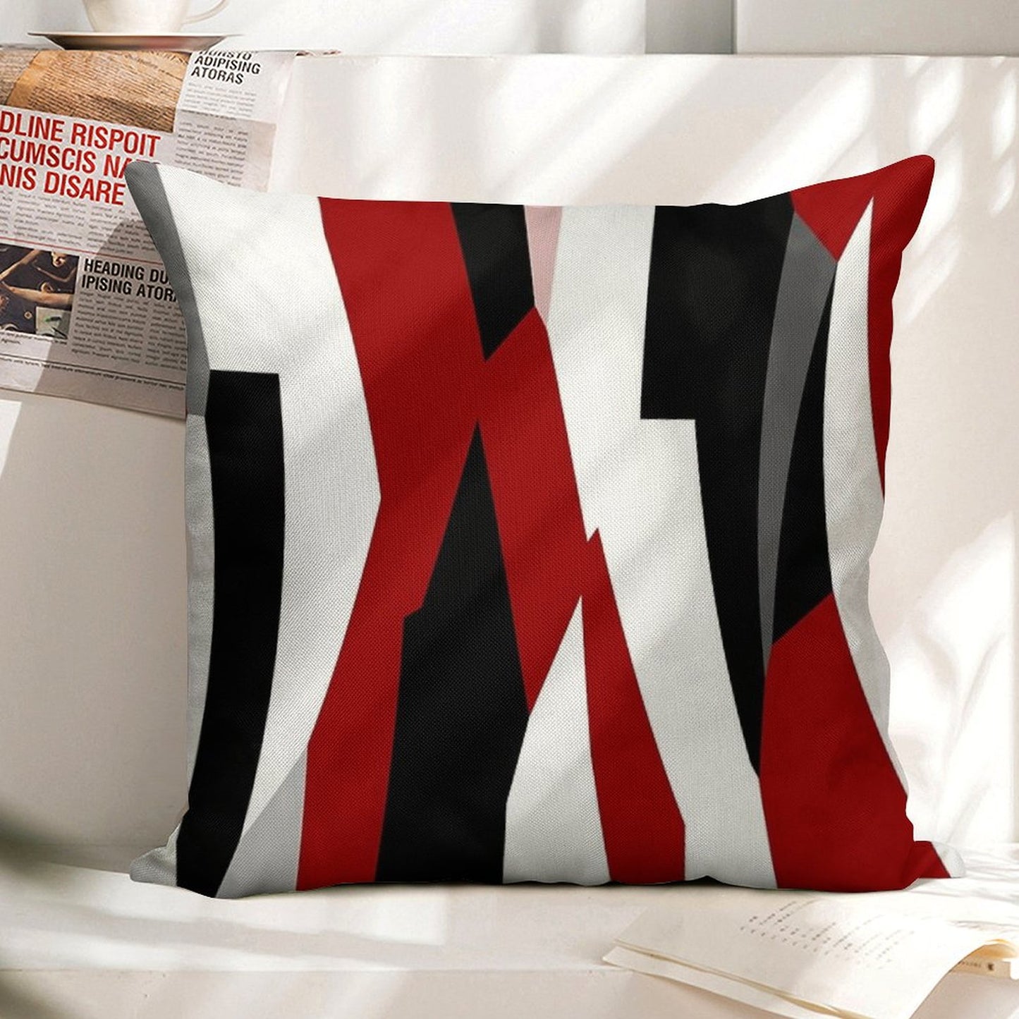 Red Black And White Abstract Linen Throw Pillow Cover