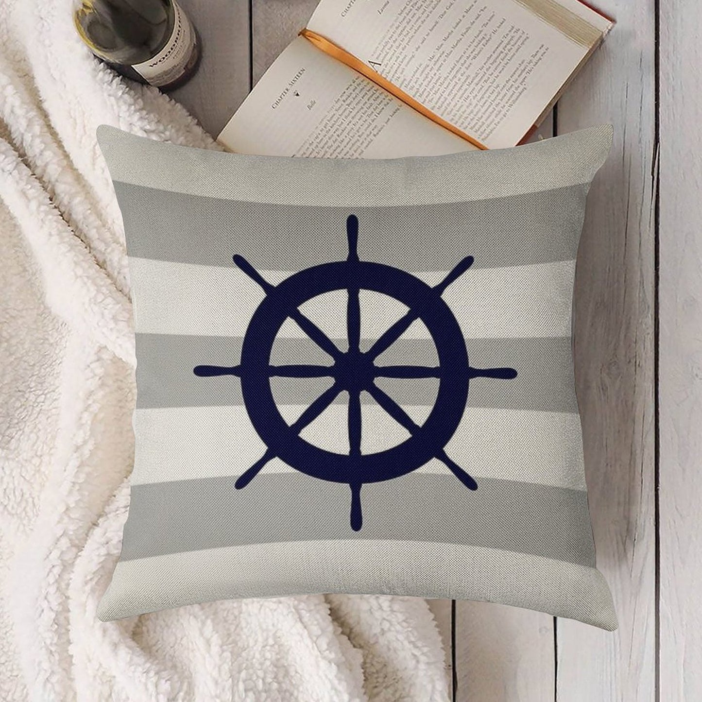 Nautical Navy Blue Ship's Steering Wheel On Silver Gray Stripes Linen Throw Pillow Cover