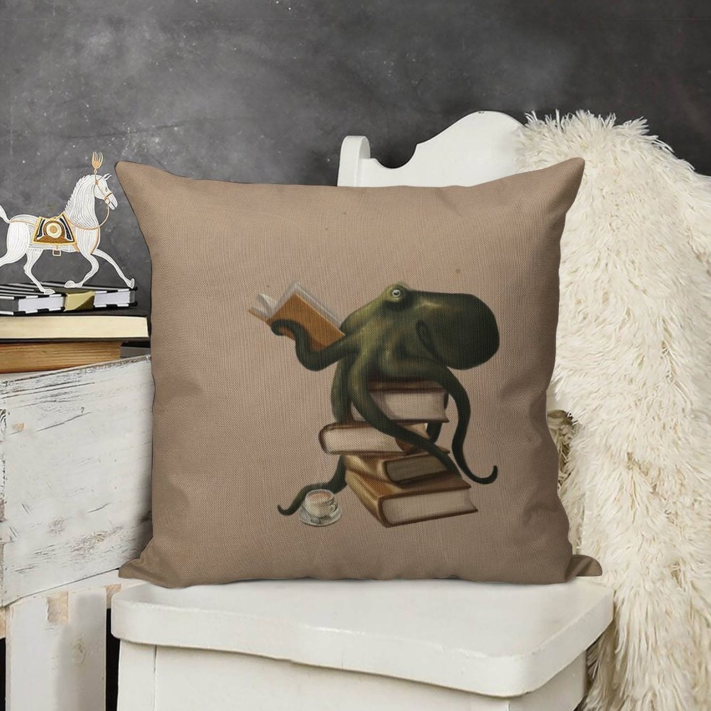 Well-Read Octopus Linen Throw Pillow Cover