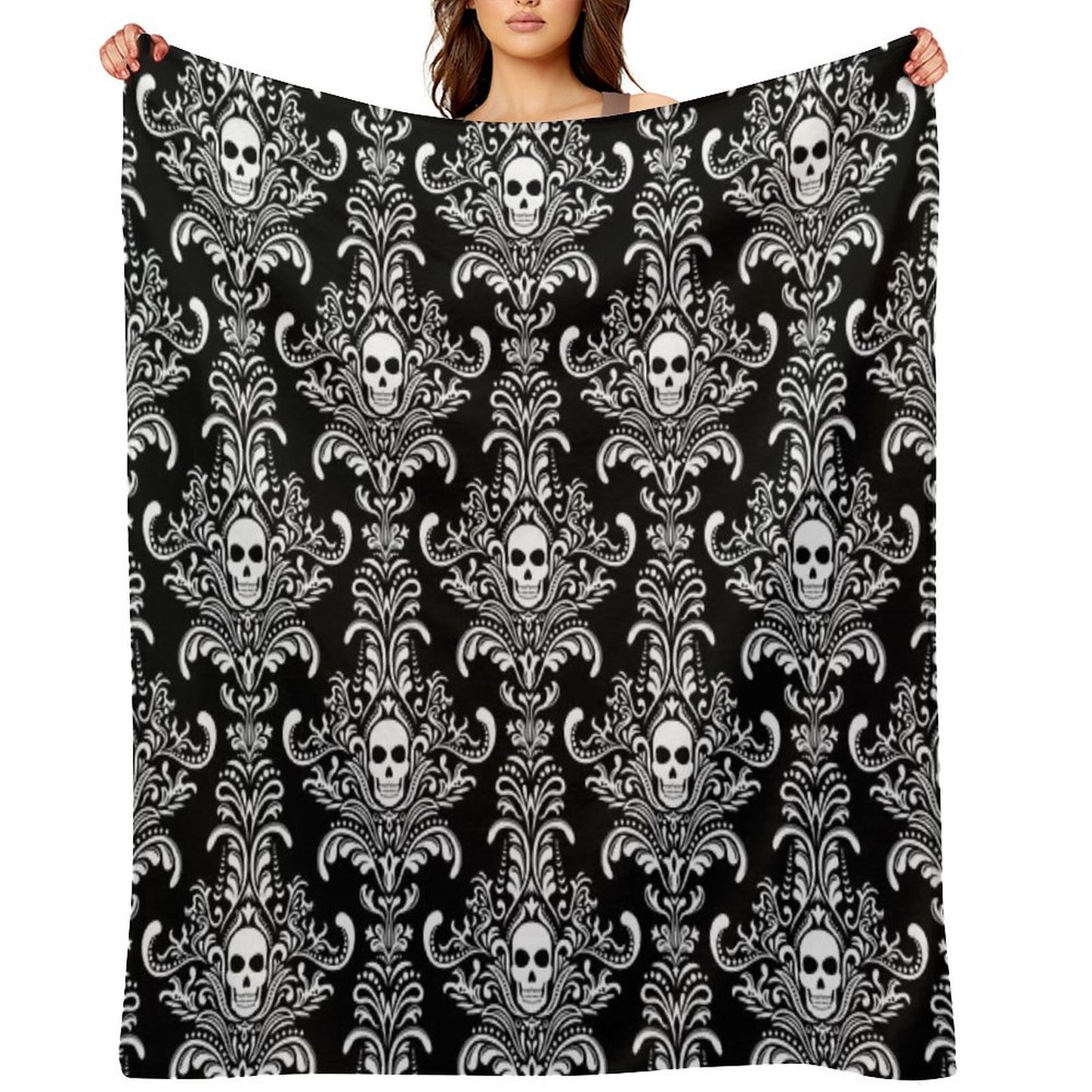 Skulls Damask Goth Halloween Pattern Throw Blanket