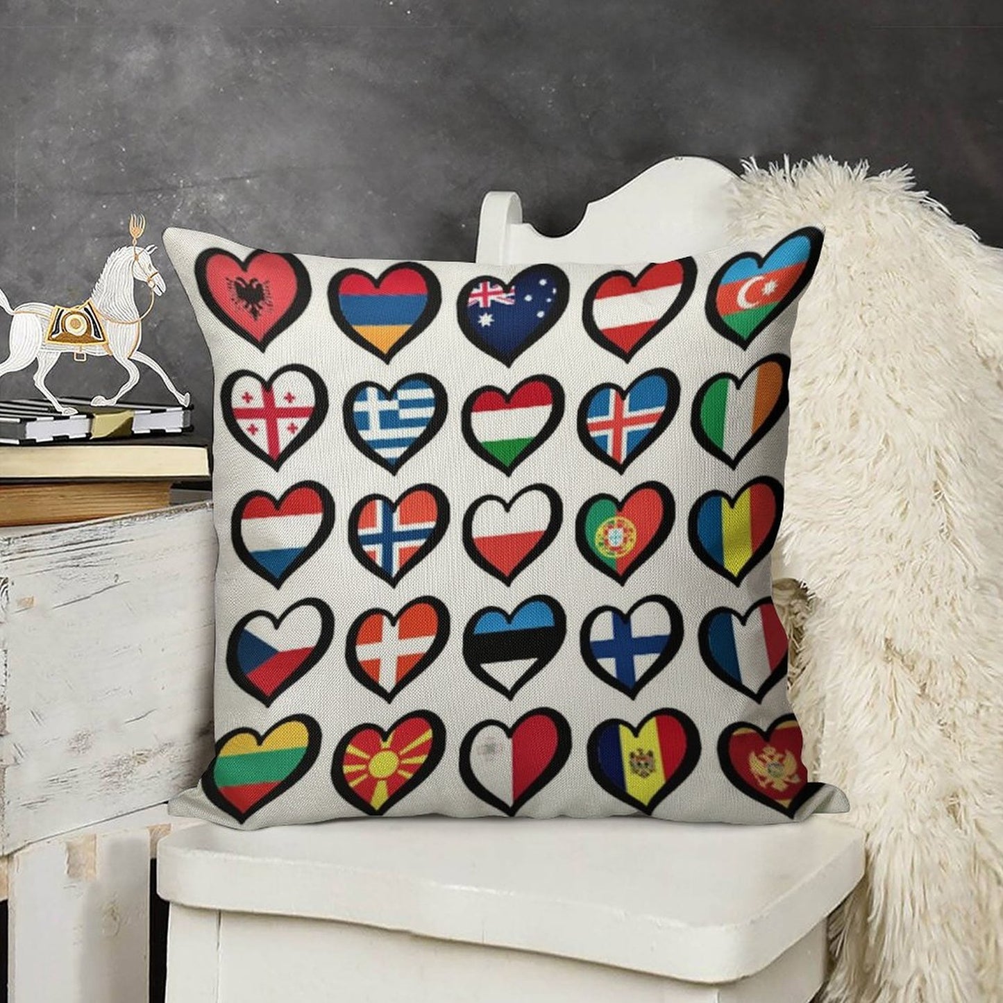 Eurovision Song Contest Flags Hearts ESC EBU Eurofans Linen Throw Pillow Cover