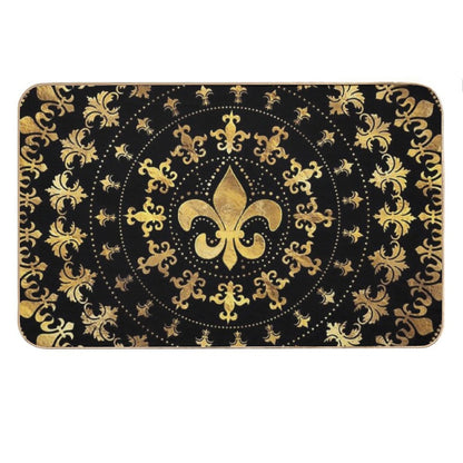 Fleur-de-lis - Circular Ornament - Gold And Black Bath Mat