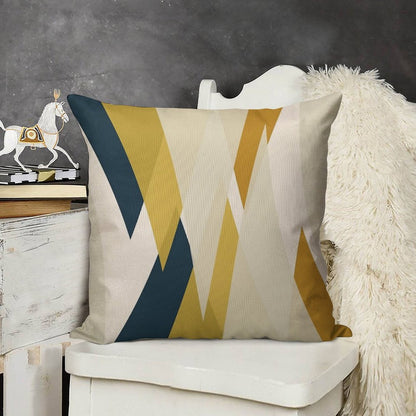 Triangular Abstract in Mustard Yellows, Navy Blue, And Blush Tones. Minimalist Geometric Linen Throw Pillow Cover
