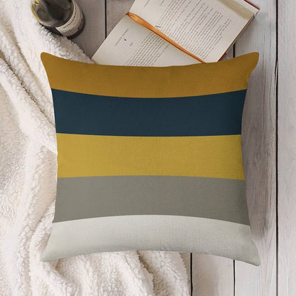 Broad Stripes Pattern in Light And Dark Mustard Yellow, Grey, White, And Navy Blue Linen Throw Pillow Cover