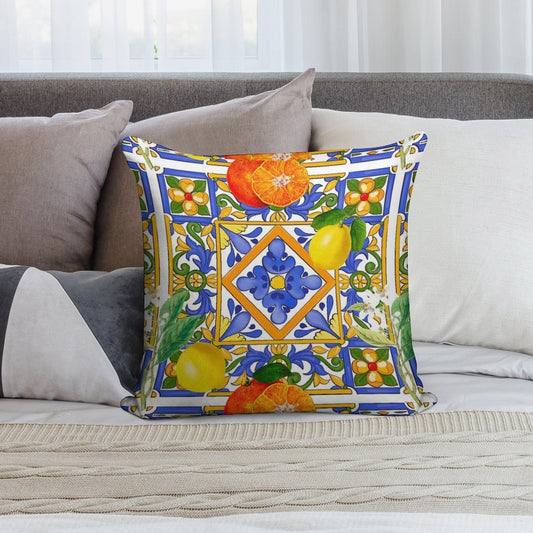 Summer ,Sicilian Tiles ,citrus,oranges,majolica,lemons ,Mediterranean Soft Gift Ready Throw Pillow