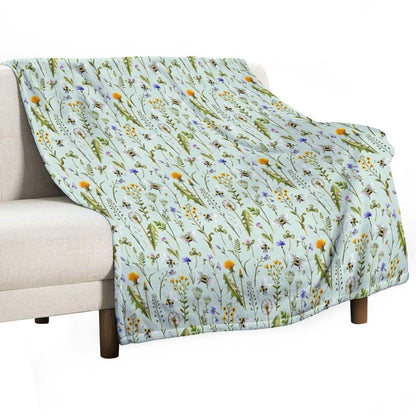 Bees And Wildflowers on Mint Throw Blanket