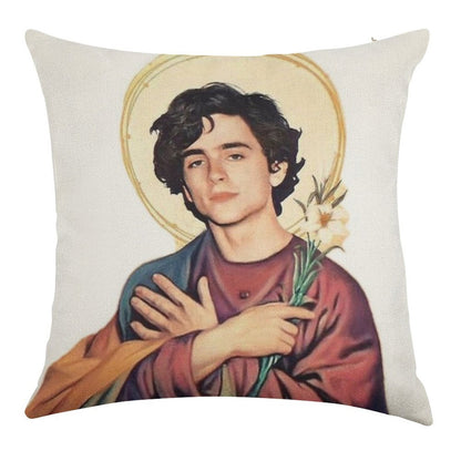 Timothee Chalamet SaintGod Sticker Linen Throw Pillow Cover
