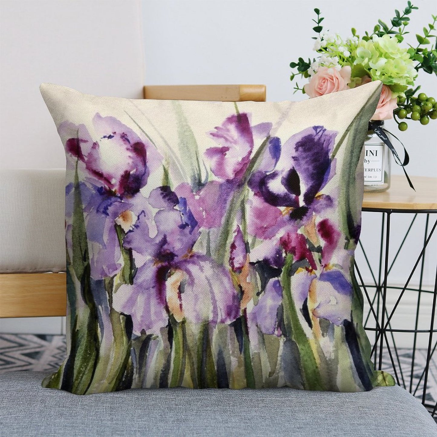 Purple Iris Art Watercolor Linen Throw Pillow Cover