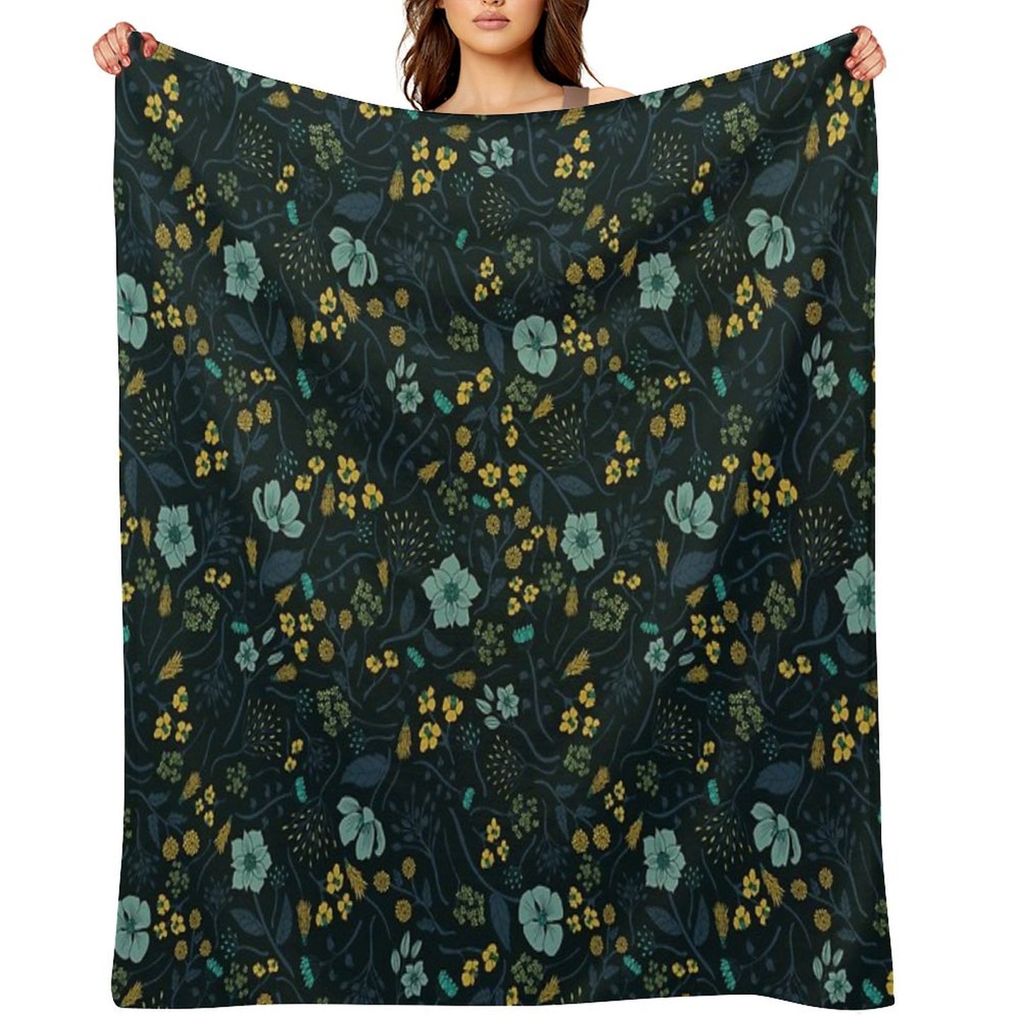 Turquoise, Yellow, Green & Dark Blue Floral Pattern Throw Blanket