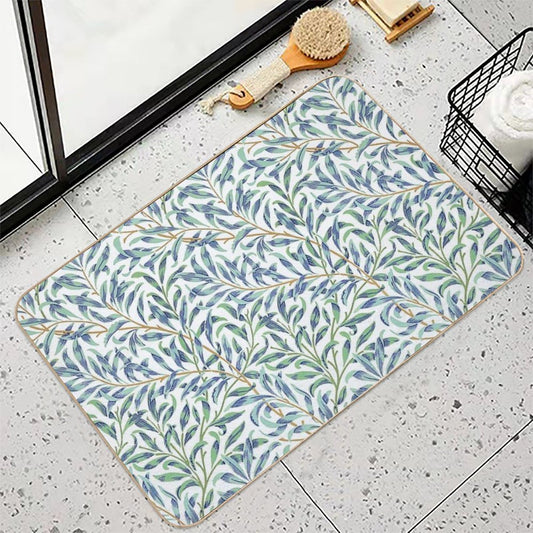 Willow Bough by William Morris - Seamless- Blue And Green Leaves on Off White Background Bath Mat