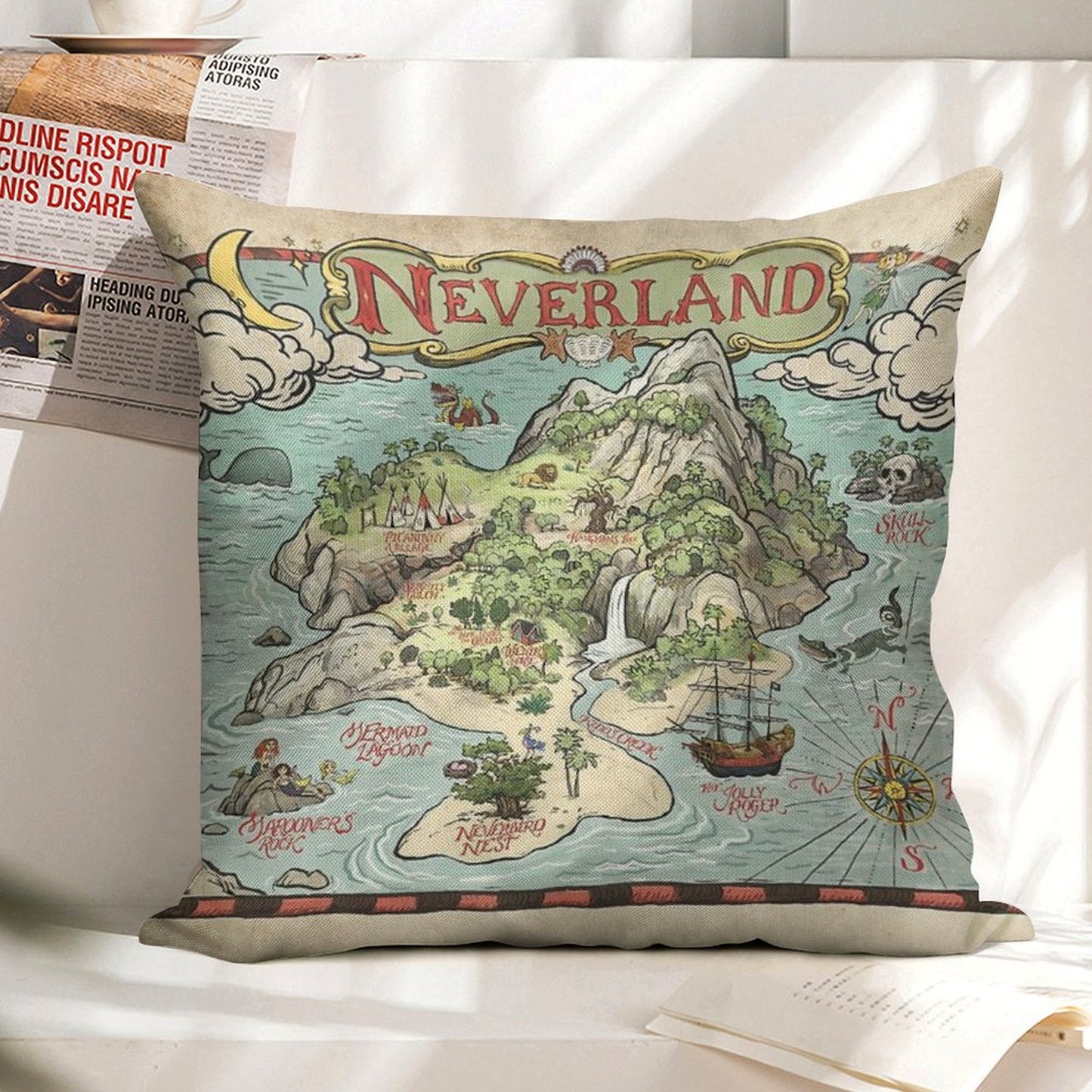 Neverland Map Linen Throw Pillow Cover