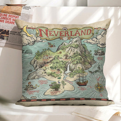 Neverland Map Linen Throw Pillow Cover