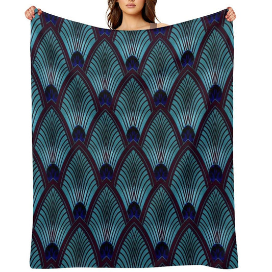 Art Deco Sunburst Fan in Metallic Blue Throw Blanket