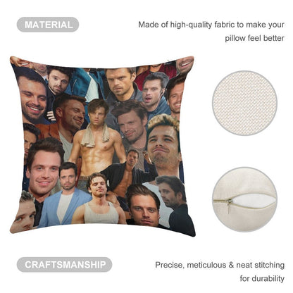Sebastian Stan Photo Collage Linen Throw Pillow Cover