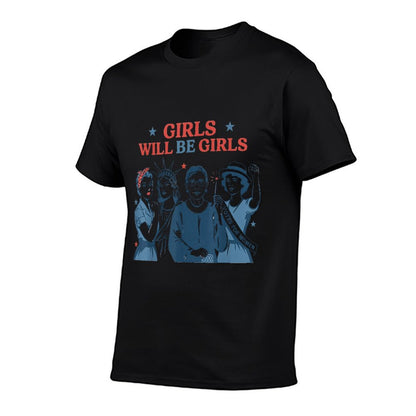 Girl Will Be Girls Patriotic Feminist 4th Of July USA  Ribbed Collar T-Shirt