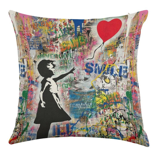 Balloon Girl Street Art Mashup Linen Throw Pillow Cover