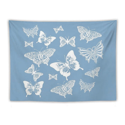 White Butterflies on Smoky Blue Grey Background Tapestry